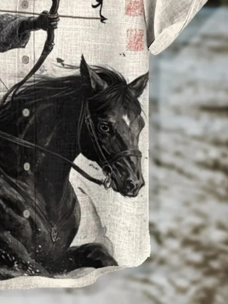 Men's Retro Calligraphy War-horse Black Cat Showa Archer Print Short Sleeve Shirt Ancient - Inspired Art Button Stand Collar Top