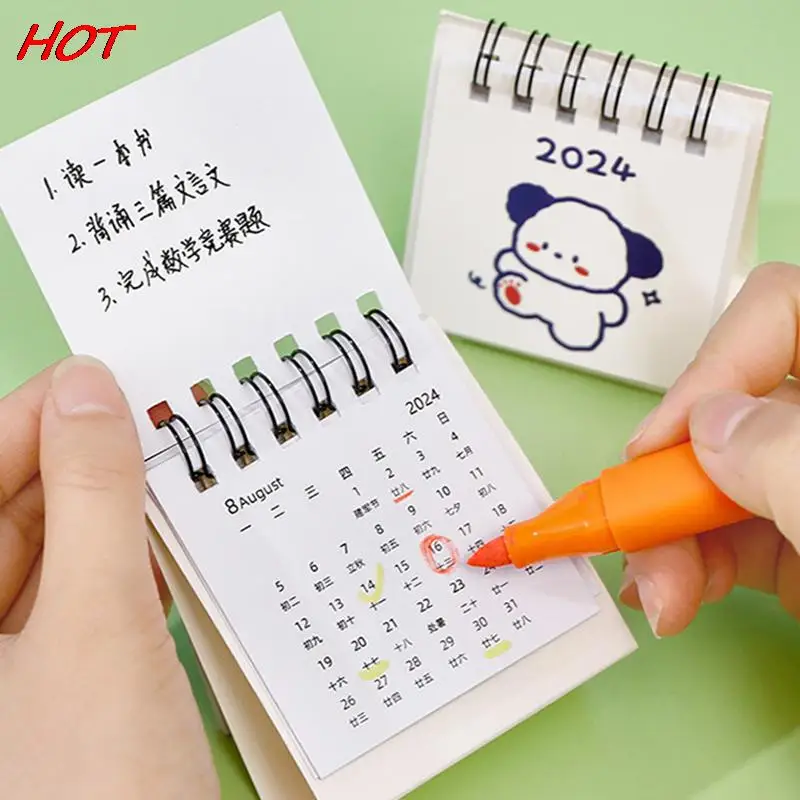 2024 Tahun sederhana Ins kalender meja kecil meja siswa Desktop lucu kartun anjing kelinci Mini catatan Memo kalender belajar kalender kantor