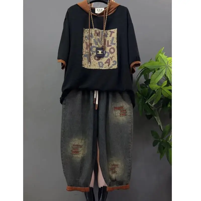 Conjunto de pantalones vaqueros Vintage de talla grande, traje de dos piezas para mujer, traje informal, pantalones vaqueros, camiseta con capucha para mujer, conjuntos de pantalones vaqueros estampados