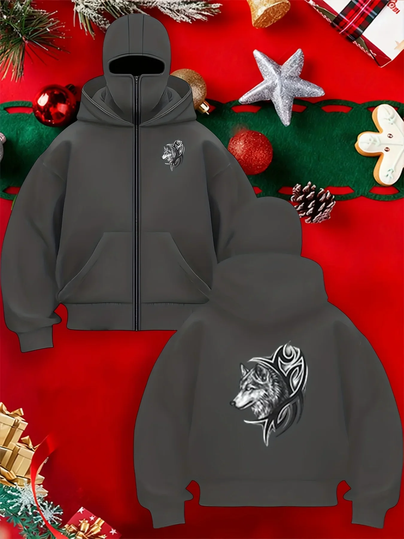 2026 Autumn Men Gothic Harajuku Winter New Item Double Hooded Wolf Printed Sweatshirt Men's Hooded Mask Zipper Sportswear