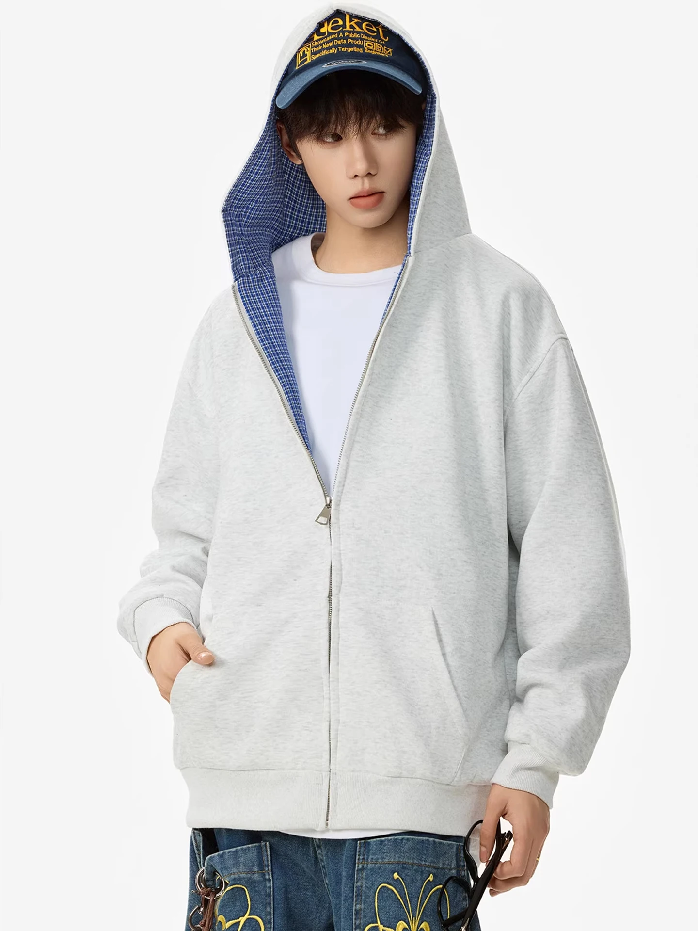 Double-Sided Wear Plaid Inner Patchwork Hoodie Men's Sle Heavyweight Open Cardigan Jaet Autumn Season Casual Loose Fit