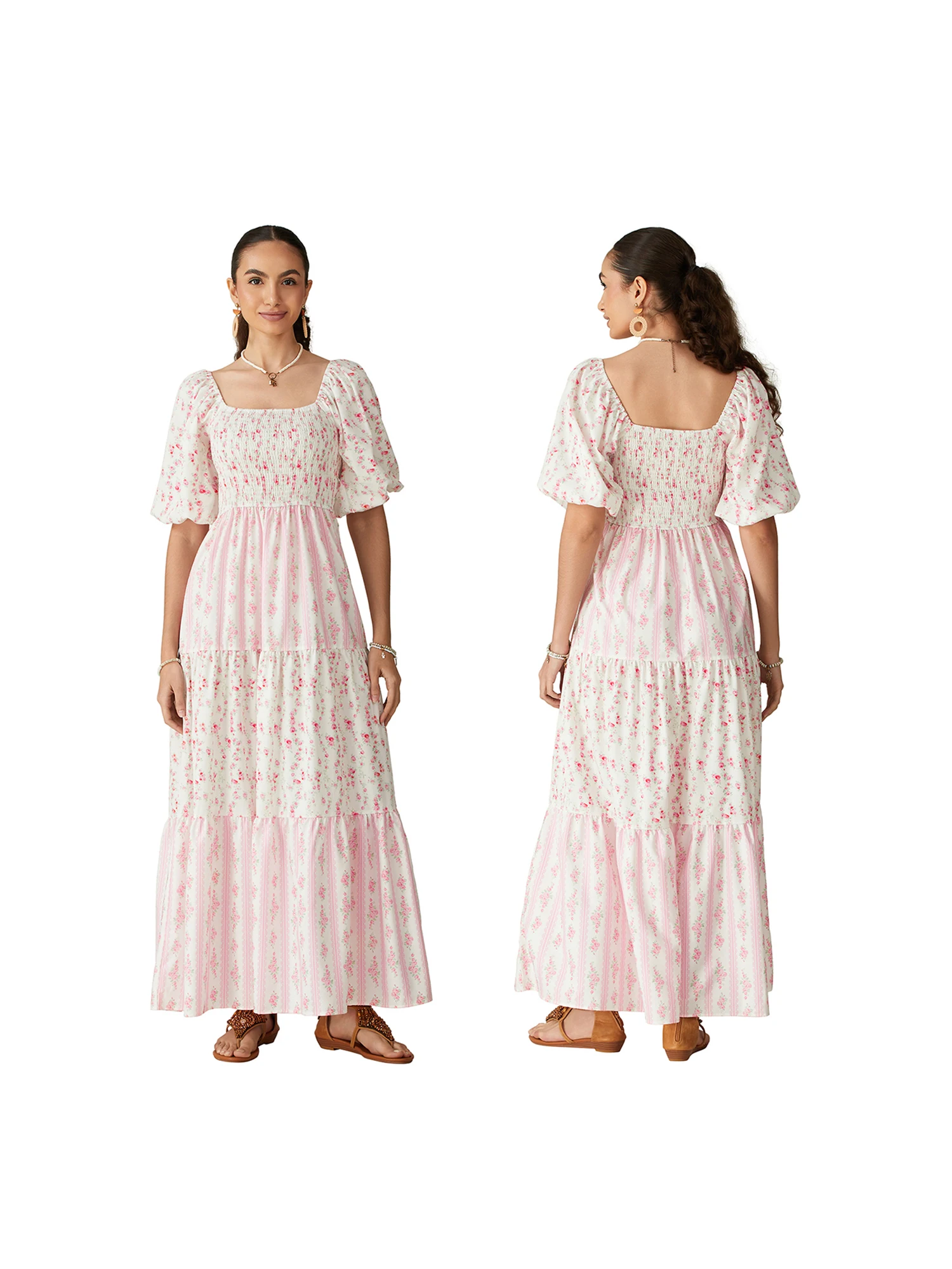 فستان ماكسي أنيق بطبعة زهور عتيقة وأكمام قصيرة ورقبة مربعة مثالي للأزياء الصيفية غير الرسمية