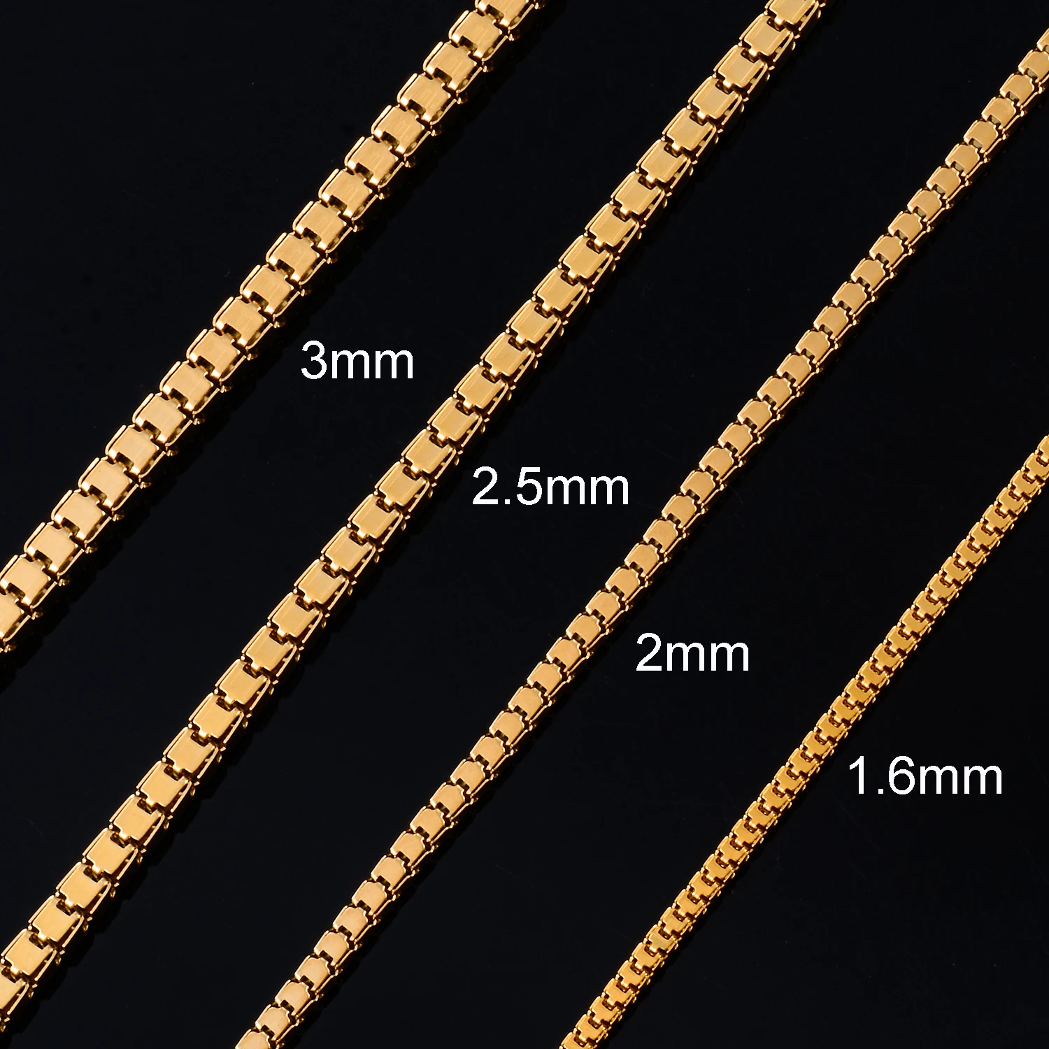 1.6/2/2.5/3mm Width Stainless Steel Square Box Link Chain Necklace Gold Color Hip Hop Choker Jewelry for Women Men