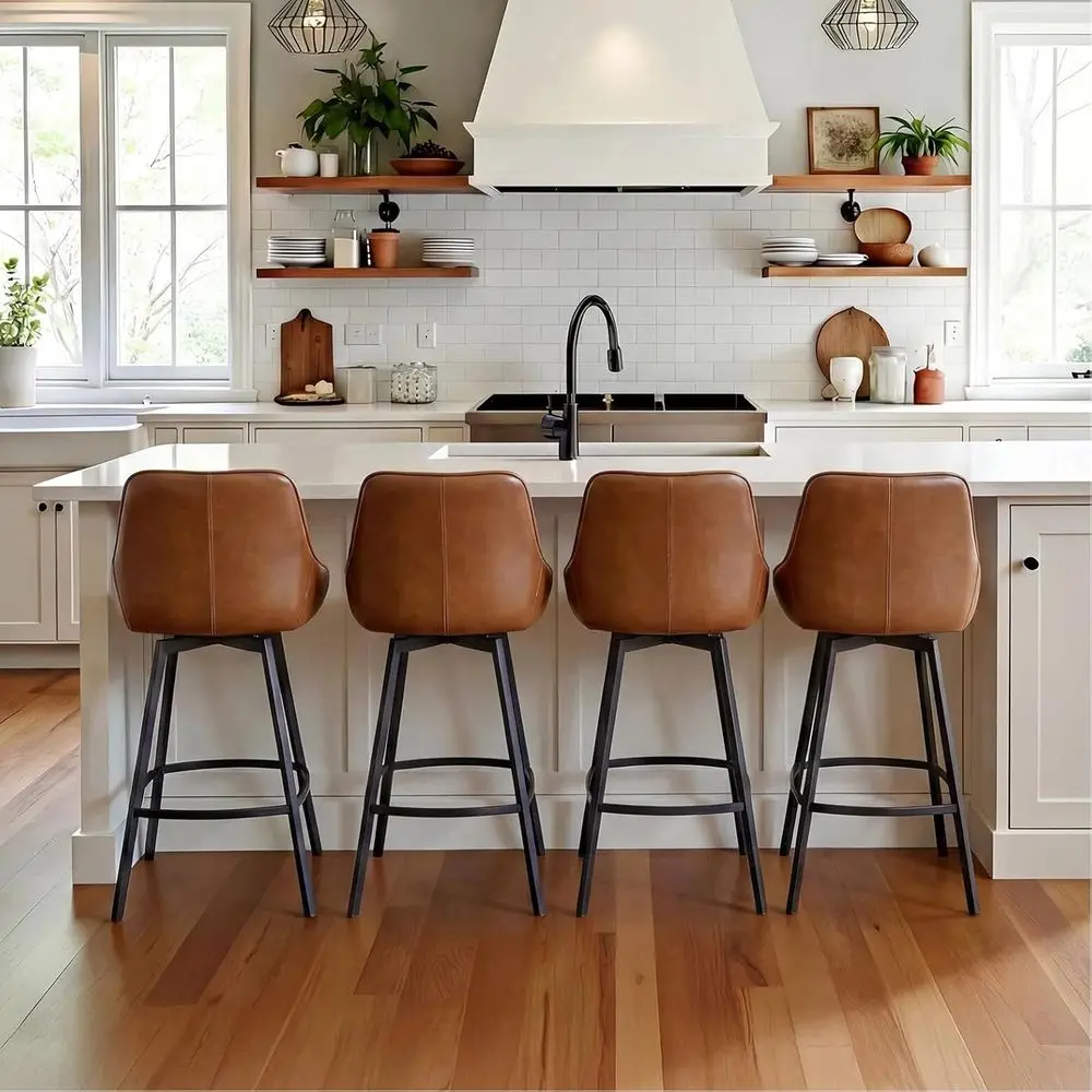 

Set of 4 Upholstered Counter Height Stools with Backs, 26 faux Leather Barstools, Brownish-Orange for Kitchen Island
