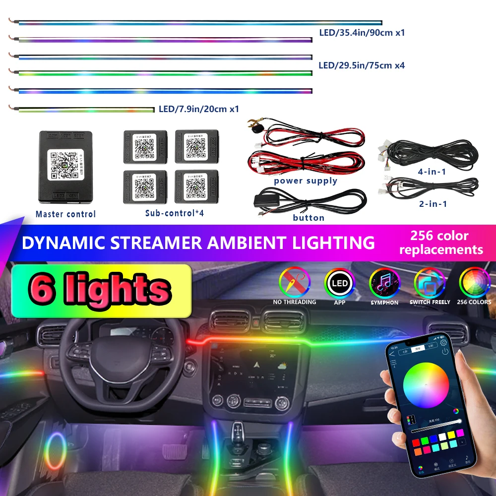Auto-Innenraum-LED-Streifenlicht, 64 Farben, RGB Symphony, APP-Steuerung, Acryl-Führungslampe, Dekor, Atmosphäre
