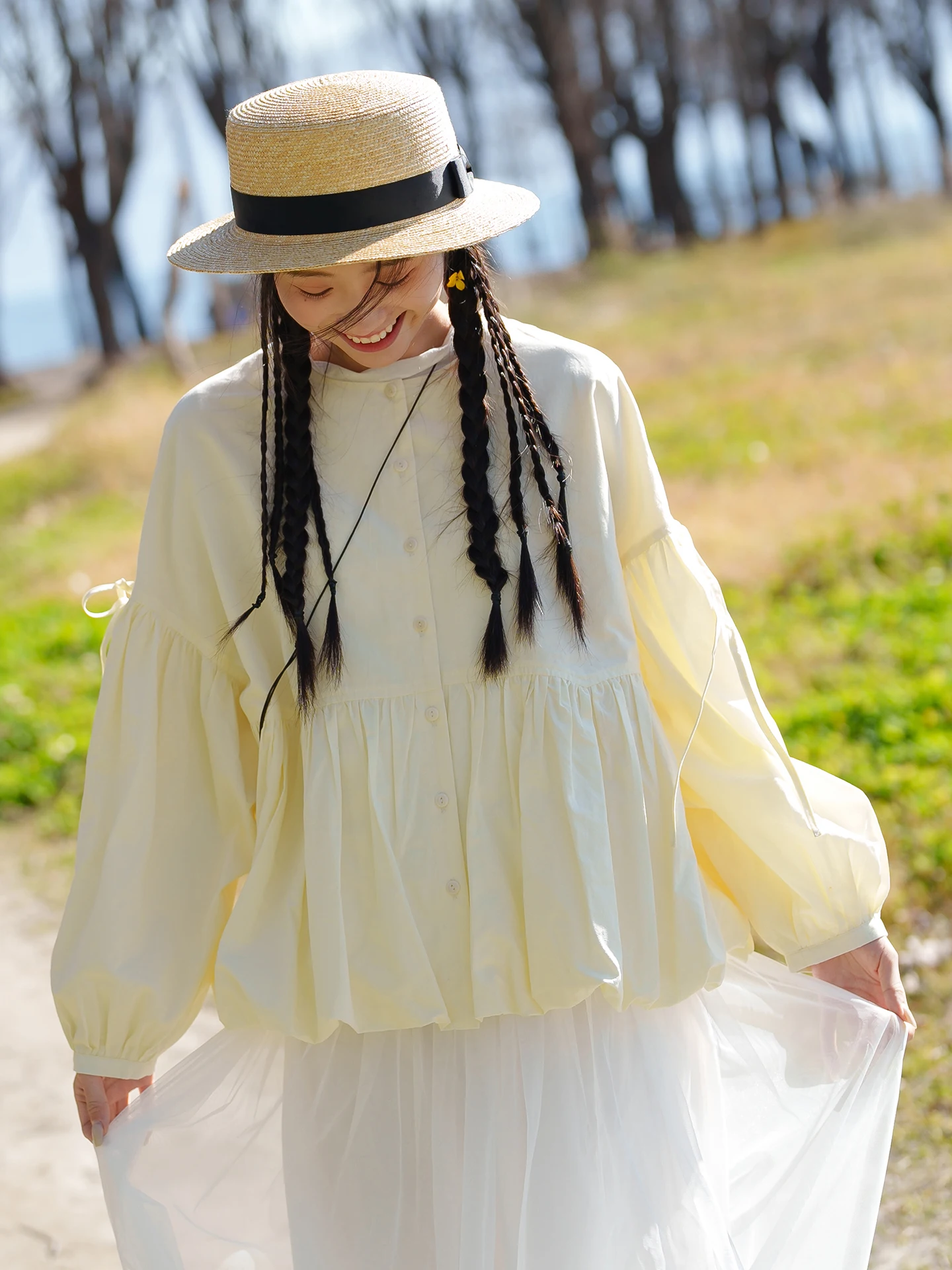 

Resurrection Flower Bud Top Ultra Soft Silk Fabric H Version Slimming White Enhancing Bamboo Cotton Blend Women's irt