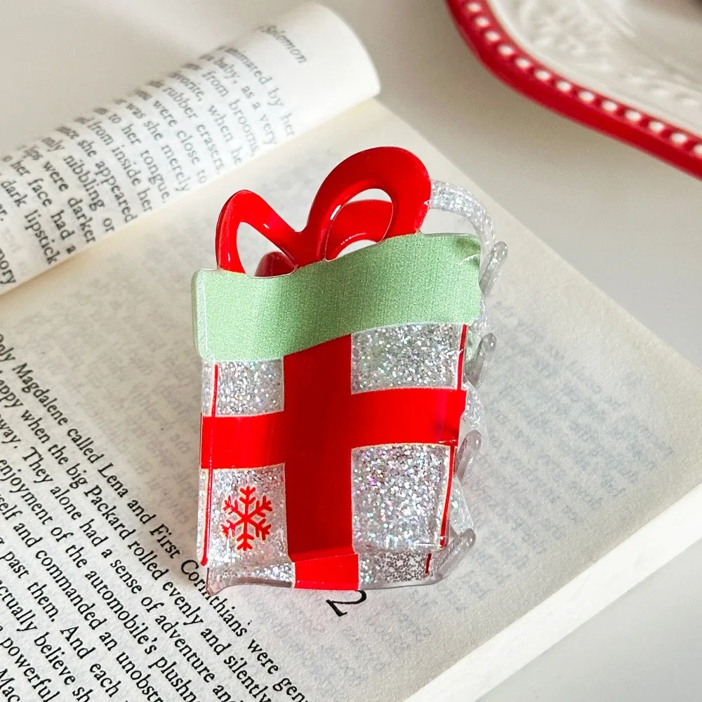 Creative Acrylic Santa Claus Shark Clip Glitter Snowhouse Christmas Tree Hair Claw Bell Sweet Cartoon Hair Grab Clip Women