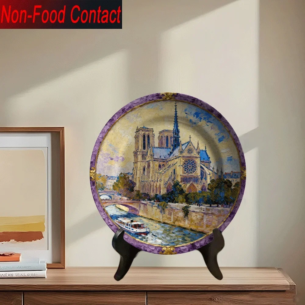 1pc Paris Notre-Dame Cathedral Ceramic Decorative Plate - French Gothic Architecture Replica with Golden Frame & Iconic Facade