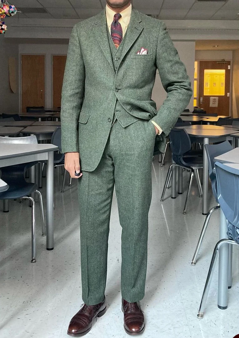 تويد الصوفية الرجال الزفاف البدلات الرسمية 3 قطع سميكة بلغت ذروتها التلبيب العريس ارتداء حفلة عيد ميلاد عرض الأزياء السراويل الدعاوى