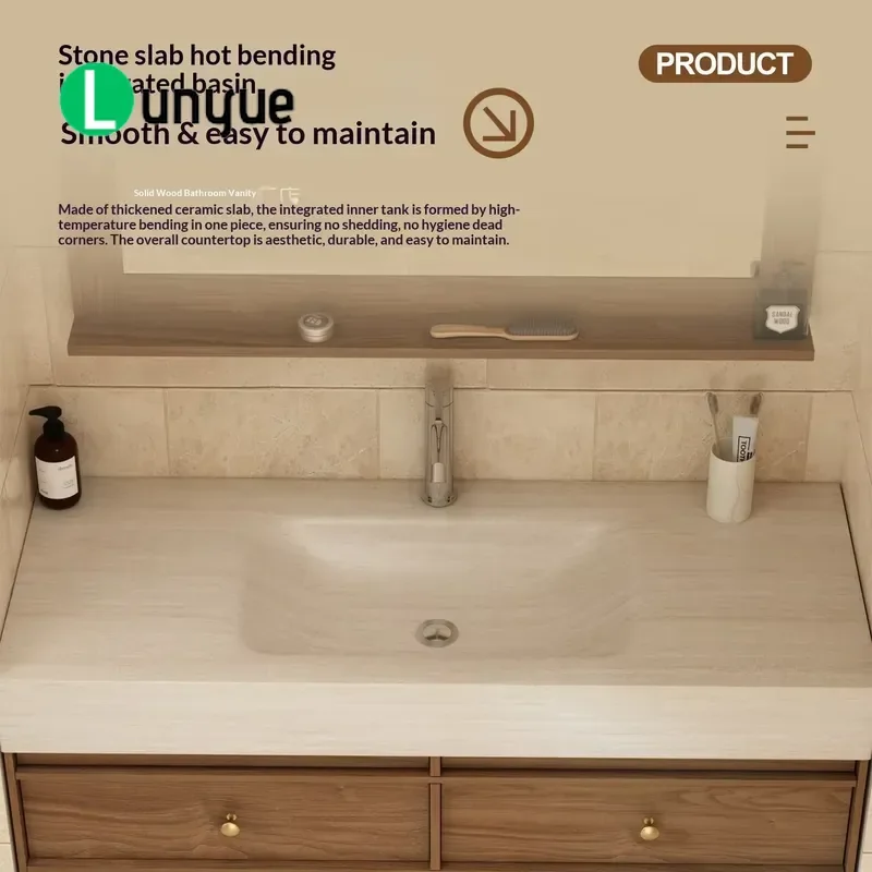 Medieval Style Wall Mounted Bathroom Cabinet Set with Limestone Slate Integrated Hot Bending Basin Paint Free Surface