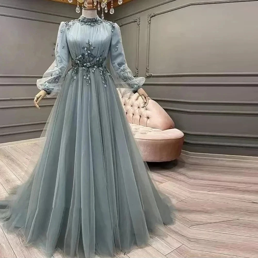 Ciynsia Full Sleeves Muslim Evening Dress A Line Tulle Beading Flowers Elegant Arabic Dubai Formal Wedding Party Gowns Long