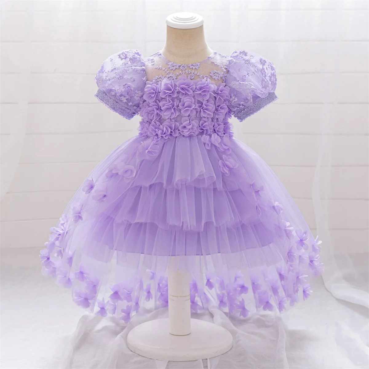 Elegant Flower Princess Party Baby Girls Dress Puff Sleeve Pink 1st Birthday Wedding Dress for Kids Summer Christening Prom Gown