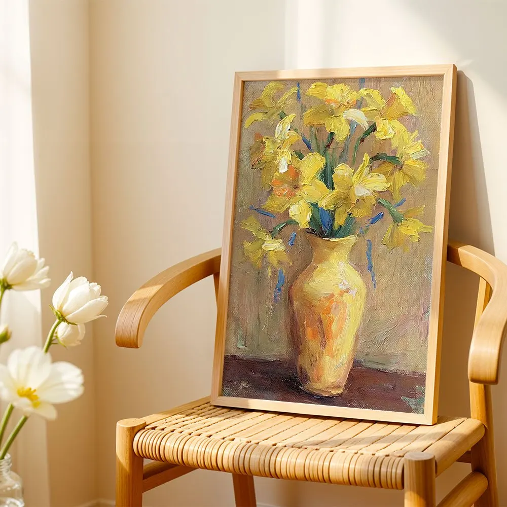 Oil Painting Style Yellow Daffodil Vase Canvas Print Poster, Decorative Wall Art For Living Room Bedroom, Vintage Minimalist Hom