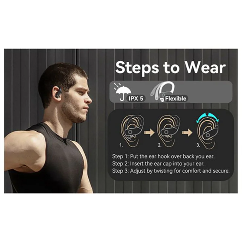 A57G-سماعات أذن لاسلكية سماعات ستيريو بلوتوث 5.0 سماعات رياضية مقاومة للماء Hifi ميكروفون مدمج للتمرين - أسود