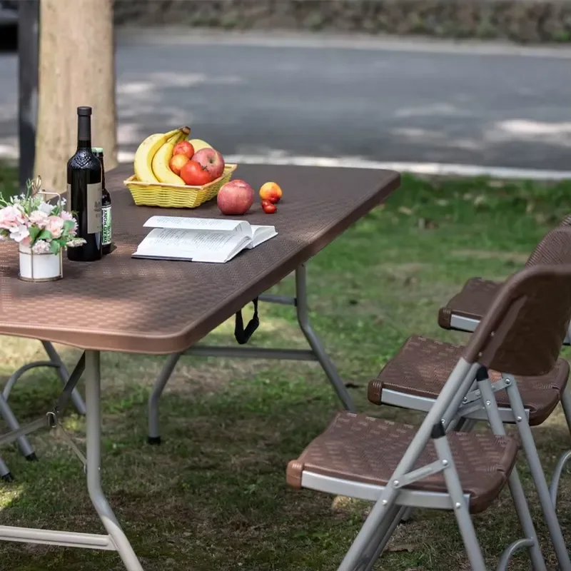 for Portable Lightweight Folding Table and Chair Set with Simple Wooden Pattern Steel Structure Suitable for Outdoor Kitchen