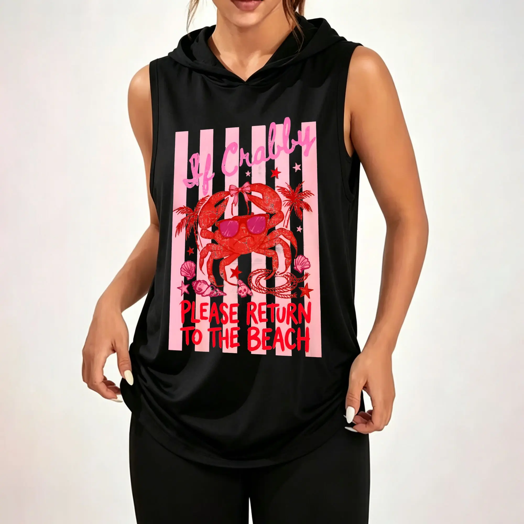 Women Sleeveless Hooded Tank Top If Crabby Beach Crab Palm Tree Graphic Print Casual Loose Sleeveless Hoodie Daily Hood Tank Tops ****