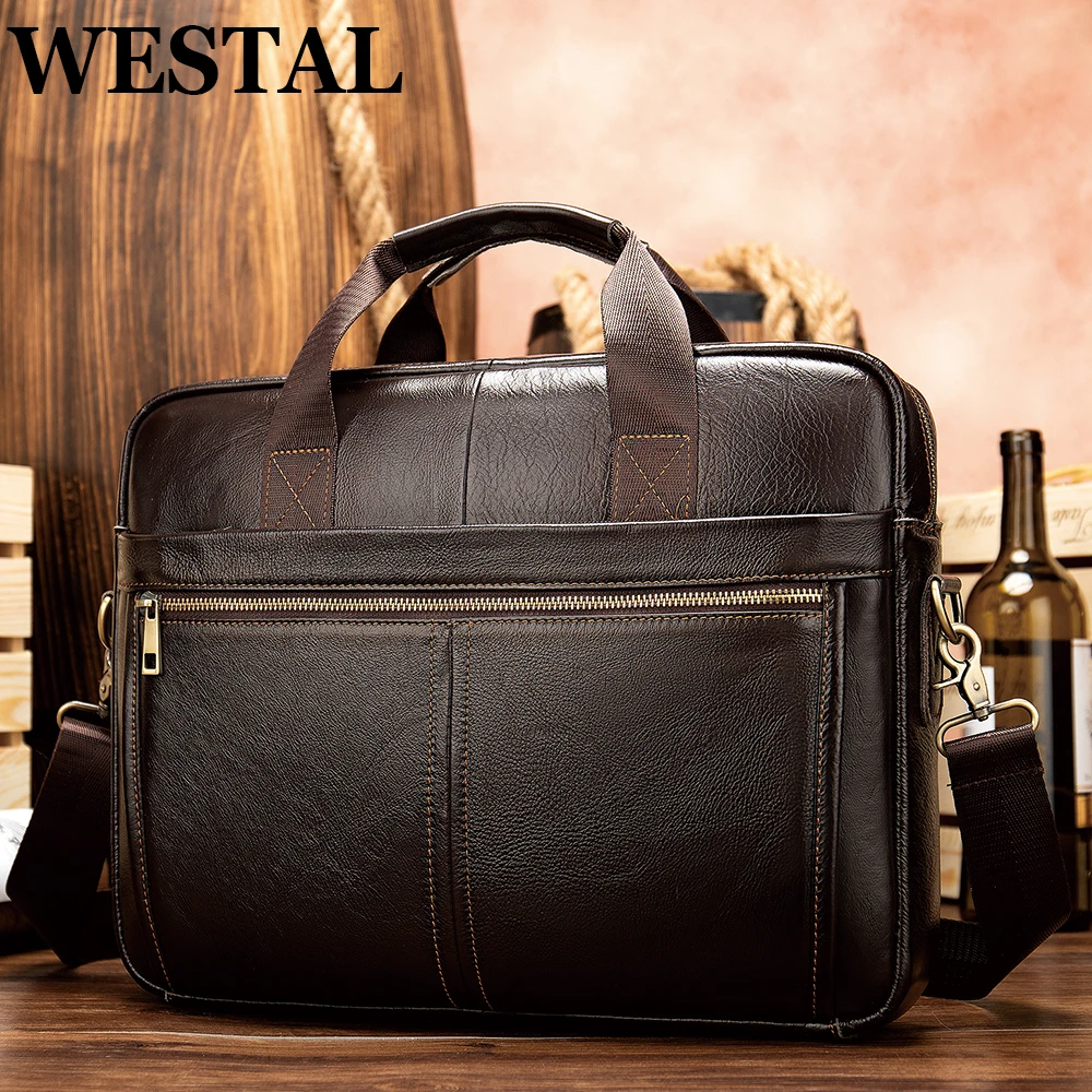 WESTAL Men\'s Briefcases Messenger Bag Men\'s Genuine Leather 14\'\' Laptop Bag Man Leather Office Business Bags for Document 8572