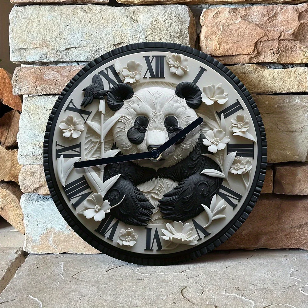 3D Panda Wall Clock Kit – Wall Clock with DIY Assembly – High-Definition 2D Floral Panda Print – Decorative Timepiece