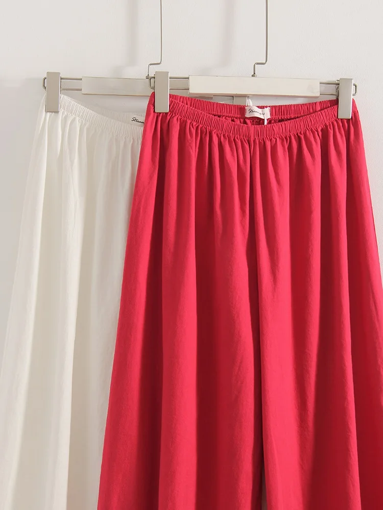 Wide Leg Red Pants For Women Cotton Long Bloomers White Autumn Elastic Waist Lantern Trousers Women Straight Practice Pants Lady