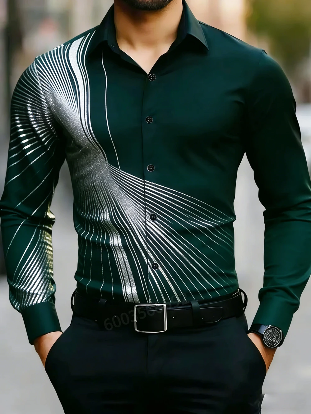 2026 Men's Fall Long Sleeve Shirt Geometric Radial Line Print Button Down Business Casual Fashion Tops Men Clothing