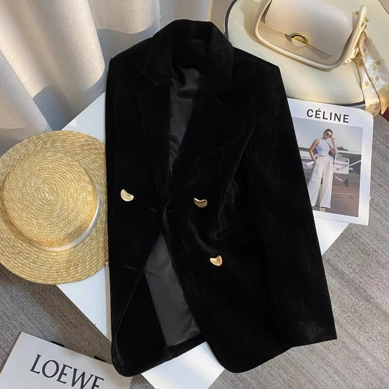 UNXX Autumn/winter Vintage New Casual Short Corduroy Blazer Coats Women\'s Black Love Button Loose Fitting Blazer Women Clothing