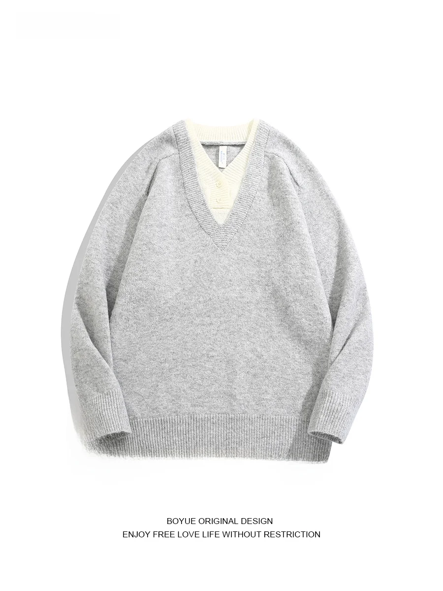 

BOYUE Korean Sle V-Ne Knitted Sweater Casual Loose Fit Fake Two-Piece Design Men Women Leisure Boting T-irt Winter
