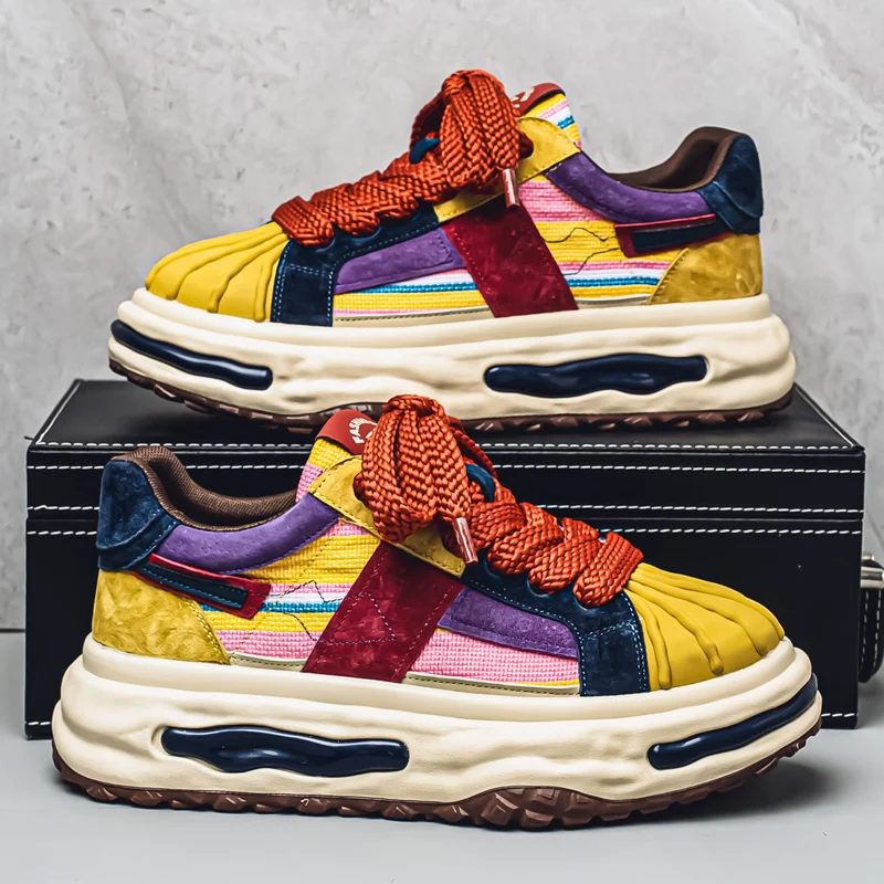 Men's Shell-Toe Casual Sneakers, Featuring Thick Braided Shoelaces, Plaid Patchwork, Retro Color-Blocking, Thick Soles for Height Increase and Cushioning, Casual Trendy Design, Lightweight on the Feet, Suitable for Daily Commuting and Street Wear, Effortlessly Creating a Stylish Look for Men.