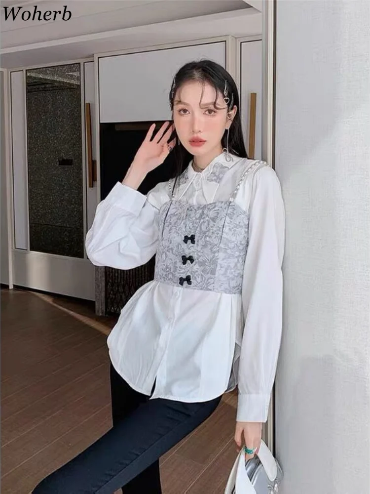 Woherb French Vintage Fake Two Pieces Puff Sleeve Blouse Women Bow Patch Slim Elegant Fashion Shirts Camisas Mujer Y2k Aesthetic