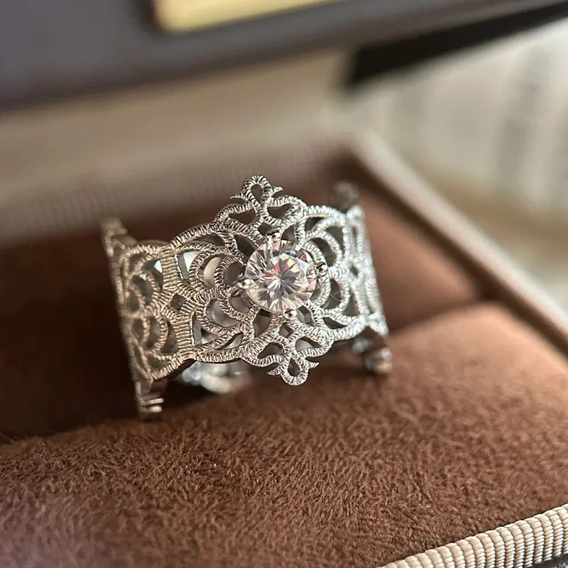 Foxanry Silver Color Hollow Lace Zircon Rings For Women French Elegant Romantic Sweet Delicate Fashion Wedding Jewelry Gifts