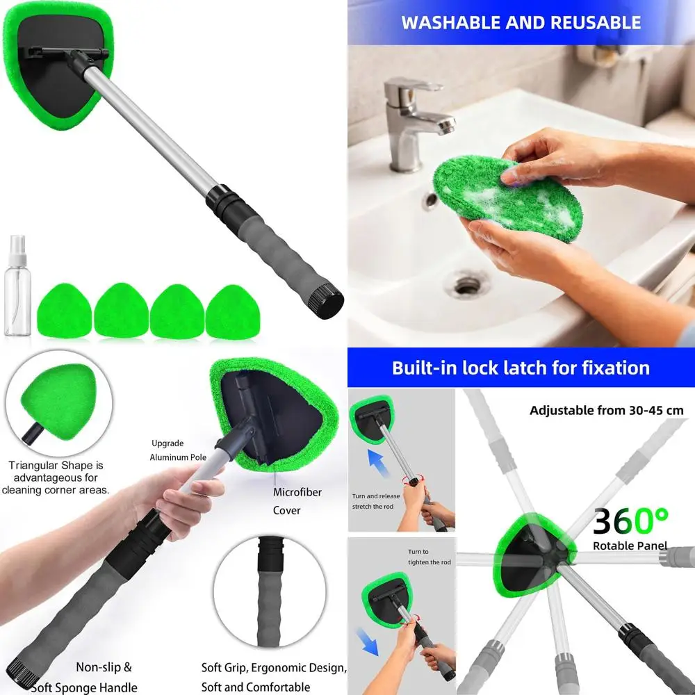 

desin Windshield Cleaning Tool, Car Window Cleaner Windshield Cleaner with 4 Reusable and Washable Microfiber Pads and Extendabl