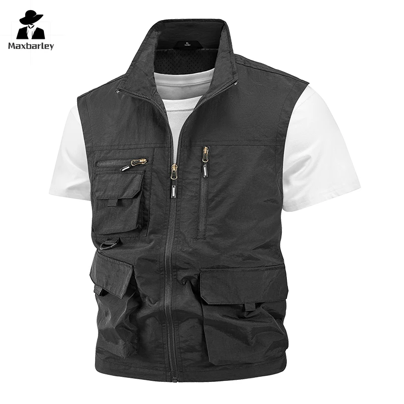 2024 Summer Men Sleeveless Fishing Tool Webbed Breathable Vest Men Many Pocket Outdoors Camping Thin Lightweight Loose Vest Male