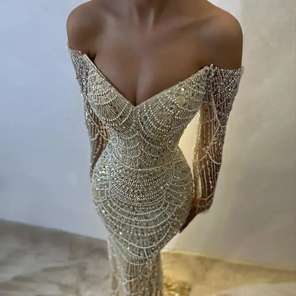 SERENE HILL Dubai Nude Arabic Mermaid Beaded Evening Dresses Customized 2025 Off Shoulder Gowns Women Wedding Party GLA72243