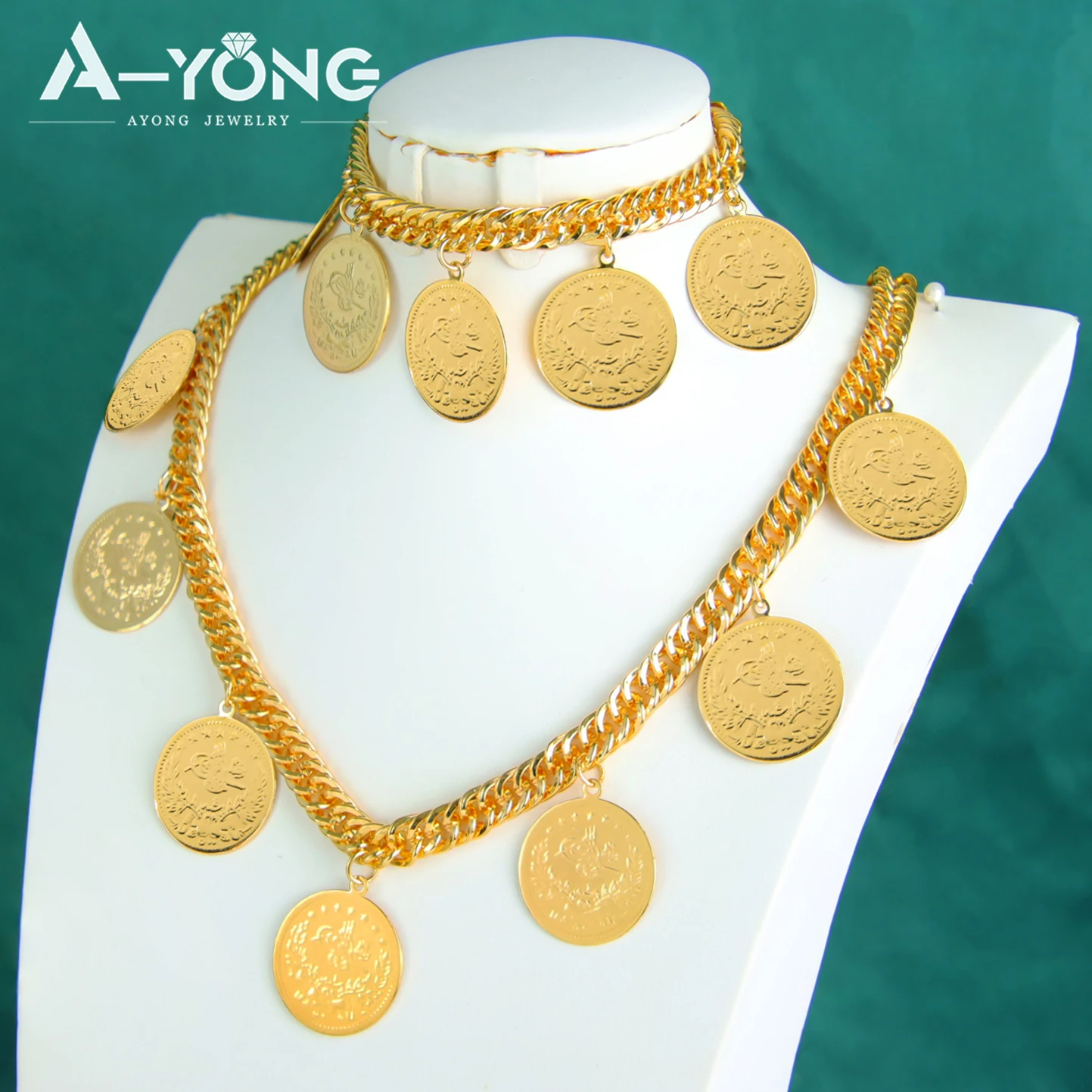 Turkish Gold Plated Coins Jewelry Set 21k Gold Color Arabic Fashion Cuban Necklace Bracelet Dubai Women Bridal Wedding Jewelrys