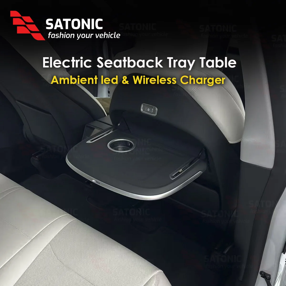 SATONIC Electric Seatback Tray Table for Tesla Model Y 3 Juniper YL Wireless Charger Foldable Rear Desk with Ambient LED Light
