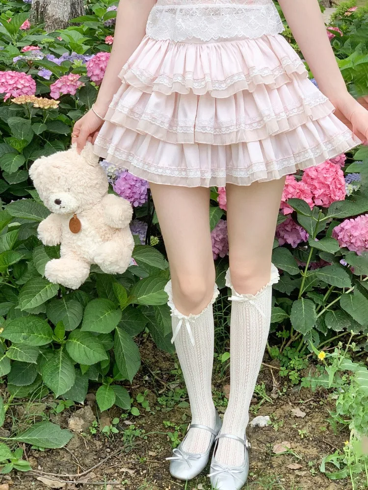 

Ruffles Lace Patchwork A-line Cake Skirts 2025 New High Waist Skirt for Women Summer Sweet All-match Pink Faldas De Mujer