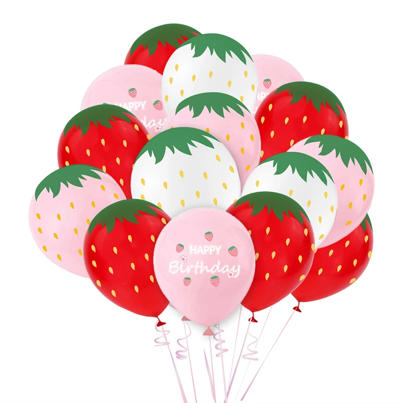 12pcs Sweet Strawberry 12inch Latex Balloons Set Happy Birthday I Love Strawberry Balloon Summer Hawii Party Decoration Supplies