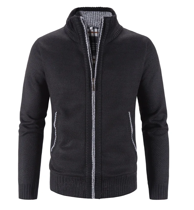 

Warm Zip Up Jacket Sweater, Men's Casual Lapel Mid Stretch Slant Pocket Solid Color Cardigan For Fall Winter