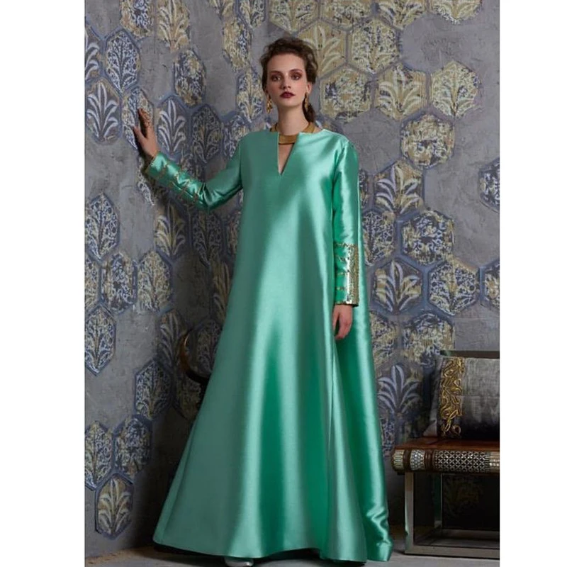 KSDN Luxury Cyan Prom Dress Long Sleeve V-Neck Appliques Floor Length Plus Size Formal Occasion Tailor-made Evening Dresses 2024