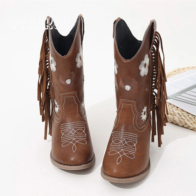 Floral ocidental joelho botas altas meninas qualidade premium deslizamento-on franja cowboy botas longas crianças outono salto alto ponto dedo do pé