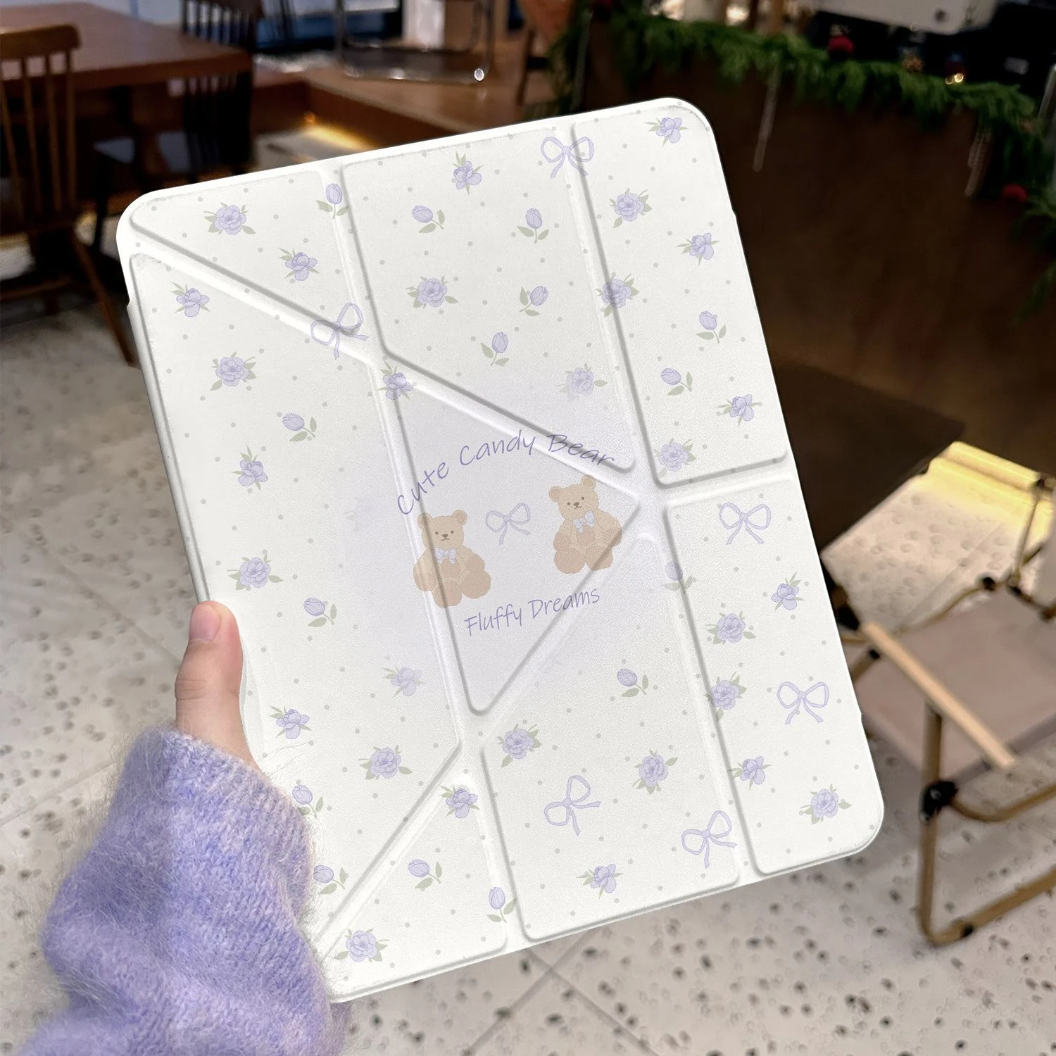 Cute Bear Purple Floral Table Case For iPad Pro 11 12.9 13 A16 M2 M3 M4 M5 Shell 8.3 9.7 5/6/7/8/9/10/11th Air 3 4 5 Cover