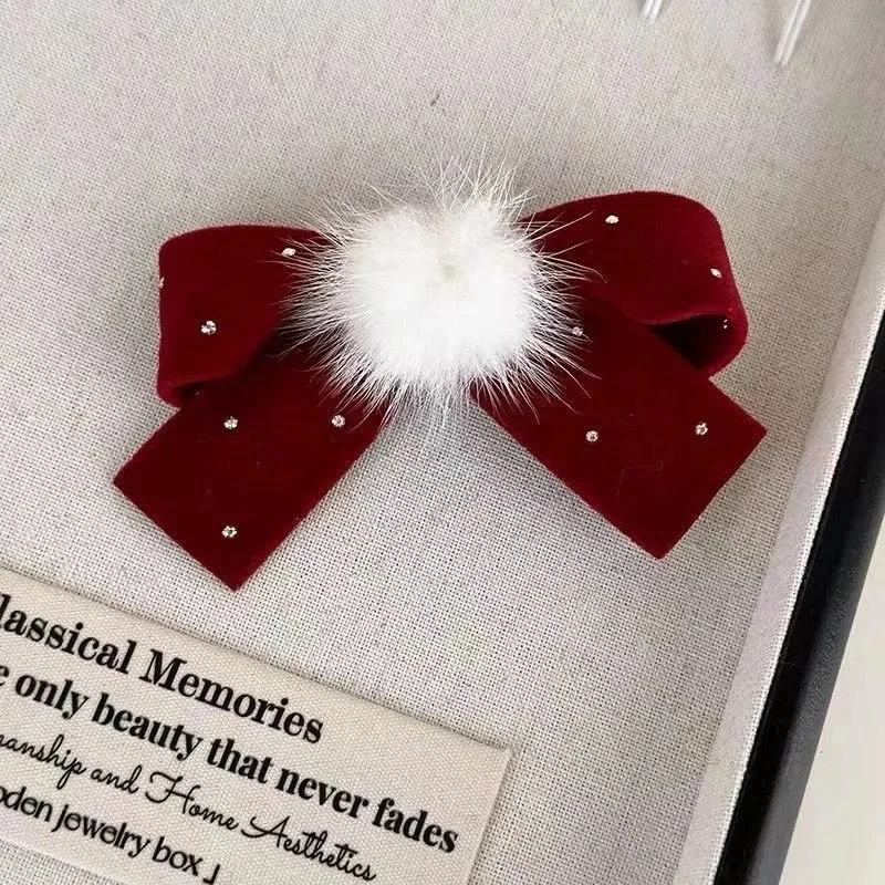 دبابيس شعر على شكل فيونكة مخملية حمراء للأميرة فتاة لطيفة Pompom للأطفال مقاطع شعر للخريف والشتاء مقاطع كورية حلوة أغطية رأس للعام الجديد #2