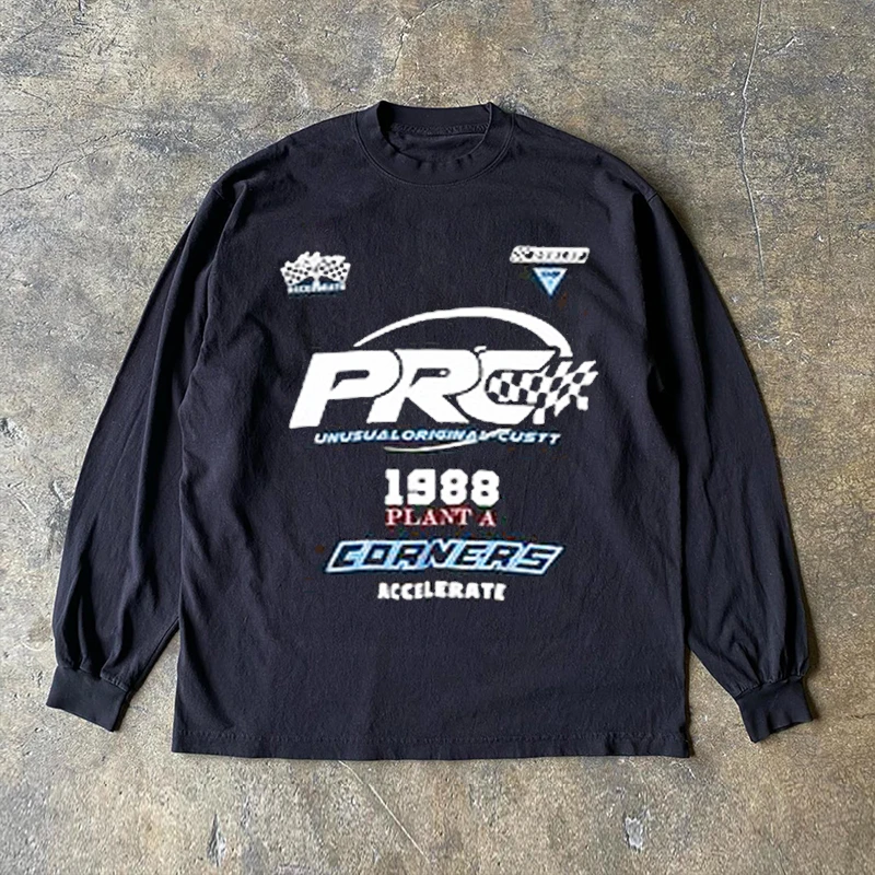 Pure Cotton Long Sleeve T-Shirt 300g Heavyweight Classic American Campus Style Racing Car Design by Xiao Chen Story Multi