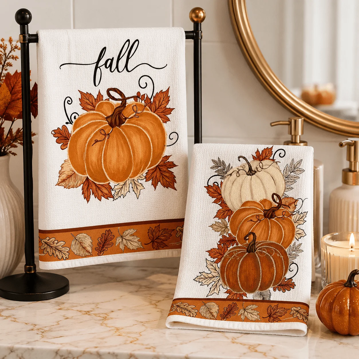 2-Pack Orange Pumpkin Maple Leaf Pattern Kitchen Towels, Dishcloths, Autumn Pumpkin Print Decorative Kitchen Tableware, Housewarming Gift, Modern Household Kitchenware, Suitable for Cleaning and Drying, Washing Dishes,