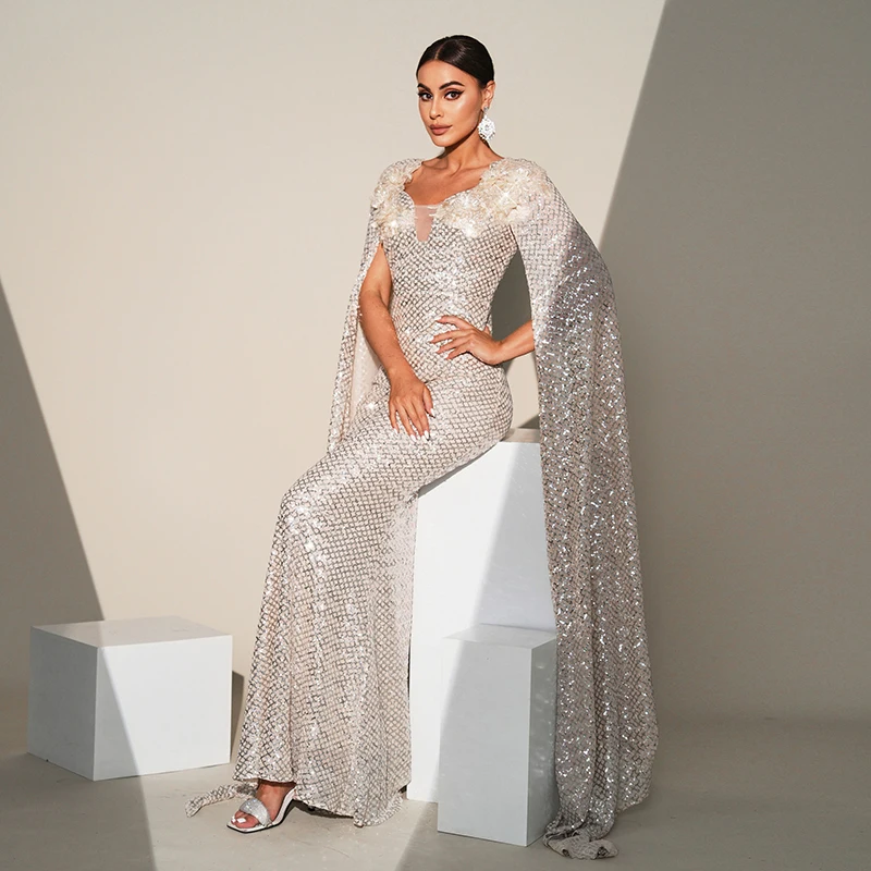 Women Long Sleeve V Neck Elegant Ladies Sequined Formal Occasion Ball Gown Cocktail Prom Party Evening Long Maxi Dresses Female