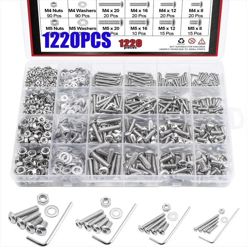 1220PCS 304 Stainless Steel Screws Nuts Washers with Hex Wrenches Tools Set Hex Cap Bolts Screws Assortment Kit  M2 M3 M4 M5