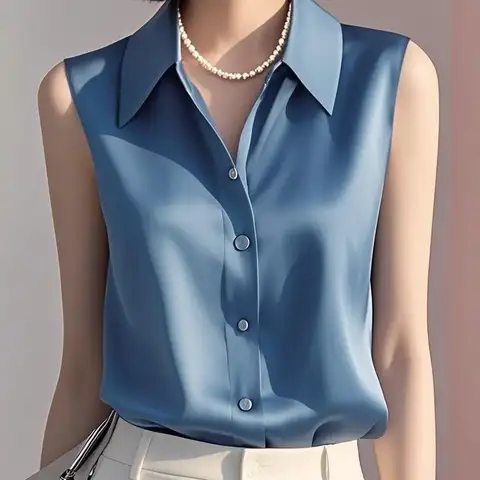 여름 기질 버튼 솔리드 컬러 턴 다운 칼라 민소매 블라우스 여성 의류 단순 카디건 셔츠 여성용상의