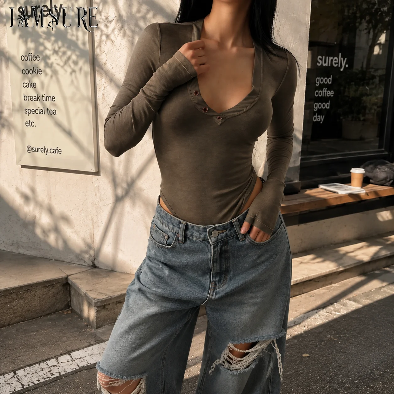 Women Ribbed Knit Long Sleeve Bodysuit V‑Neck Button Placket Slim Fit Solid Color Basic Jumpsuit Tops Autumn One Piece Clothes