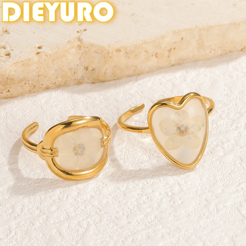 DIEYURO 316L Stainless Steel Golden Dried Flower Heart Round Opening Ring Women Fashion New Concise Waterproof Ring Jewelry