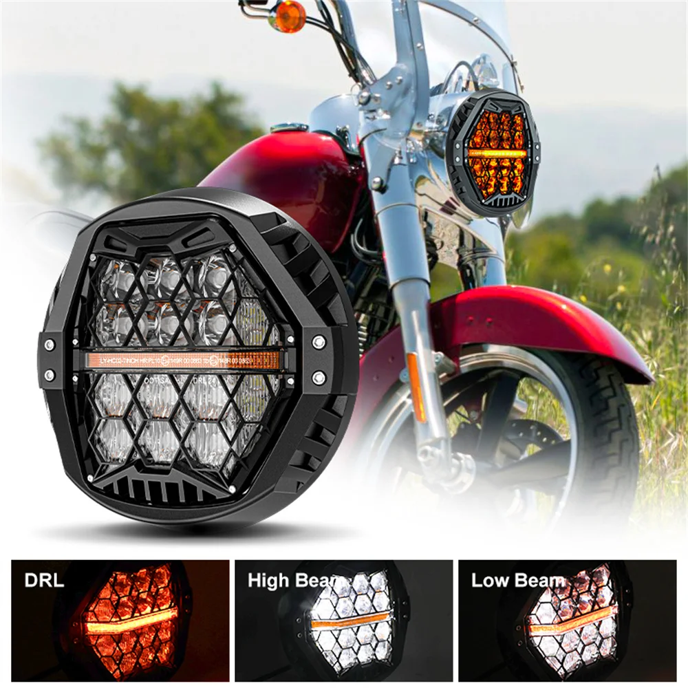 7 Inch LED Headlights DRL Hi/Lo Beam Amber Angel Eye Headlamp E24 approved For Harley Touring Street Glide 2014-2023