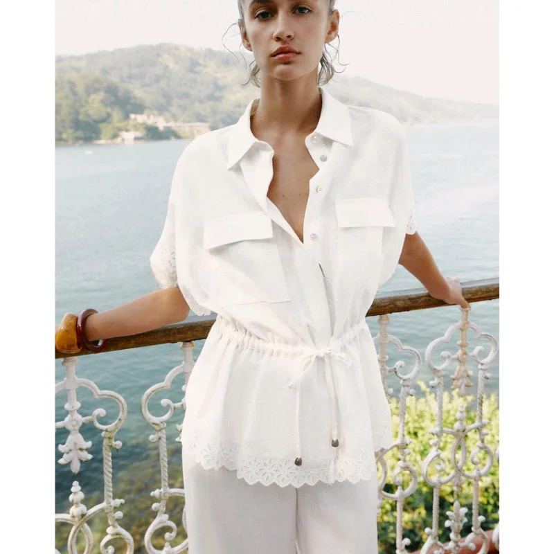 Mixed Hemp ort Sve Collared irt And High Waist Loose Pants Women's Faion Set Autumn Season Floral Lace Detail Blouse